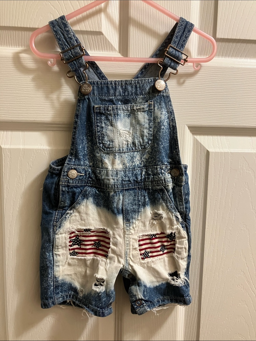Kids Denim Short Overalls with American Flag Patches - Blue